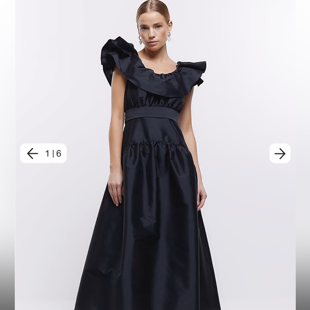 RiverIsland black satin frill sleeve smock midi dress 14